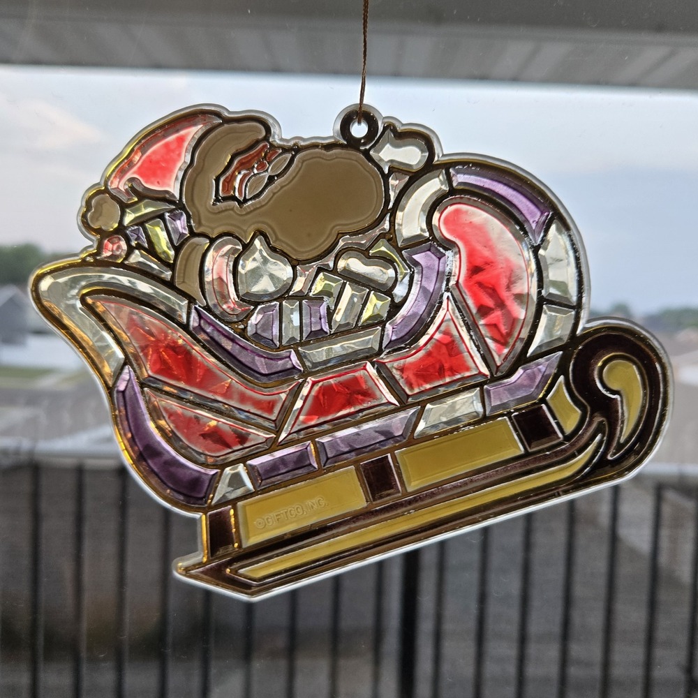 Vintage‎ Giftco Hanging Christmas Ornament Santa & Sleigh Stained Glass Style